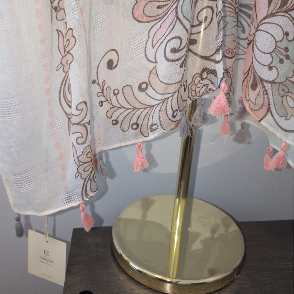 NWT Riah Fashion Kimono Women One Size Cream Pink Floral Butterfly Tassel Boho - Picture 9 of 13